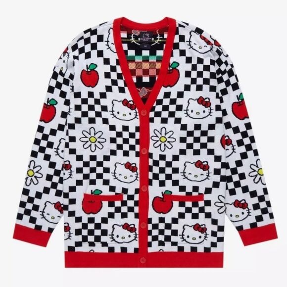 Hello Kitty Red & Black Checkered Apple & Daisies Cardigan - Picture 1 of 8